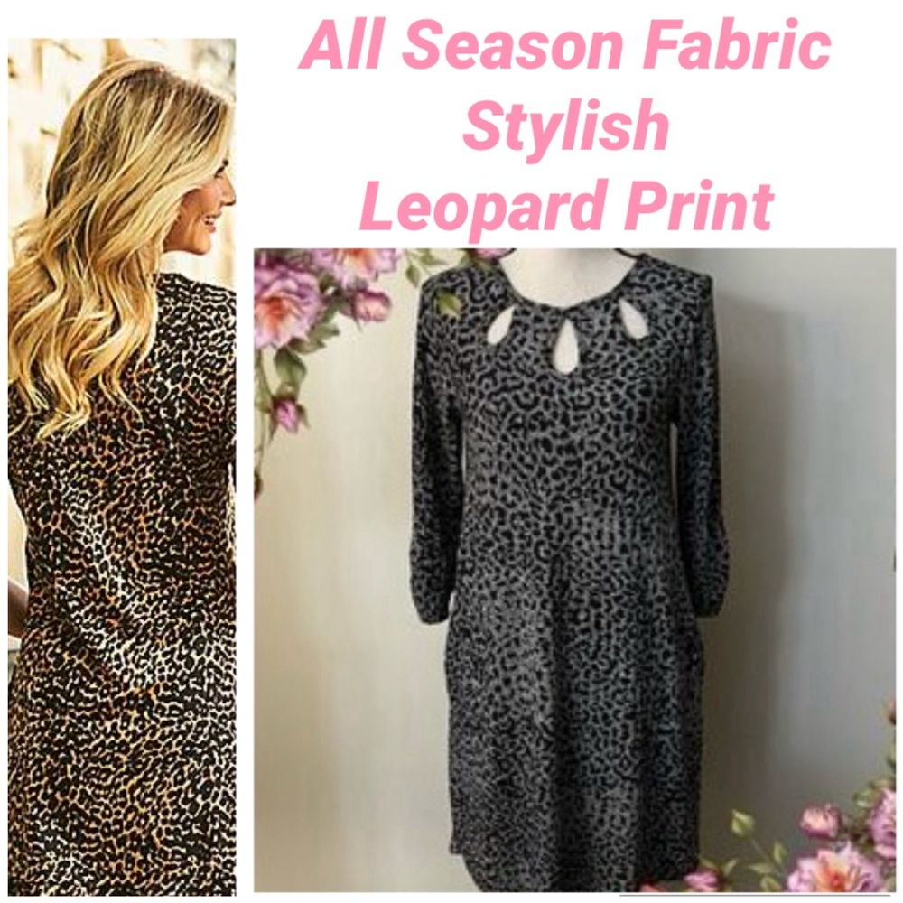 Leopard Print Dress with Pockets Round Neck Quarter Sleeve Black Grey Size XL